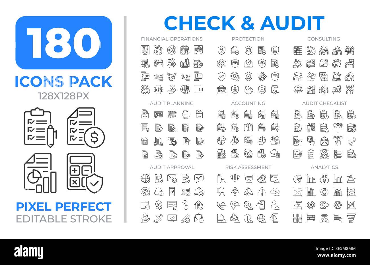Check and audit line icons set collection Stock Vector