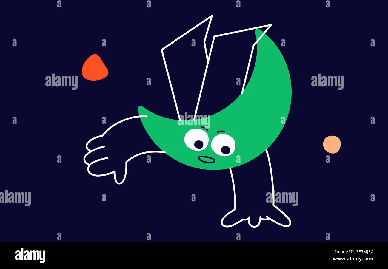Geometric figure face made in a crescent green shape with arms and tiny legs. Stock Vector