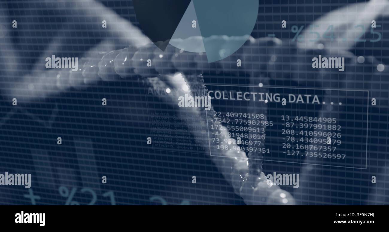 Rotating translucent double helix moving across virtual blue grid, showing COLLECTING DATA Stock Photo