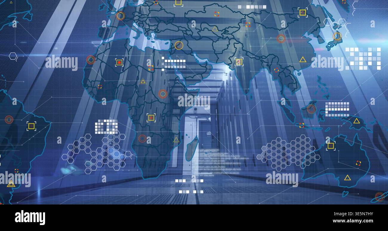 Displaying central server racks lining corridor inside data center, projecting world map overlay Stock Photo