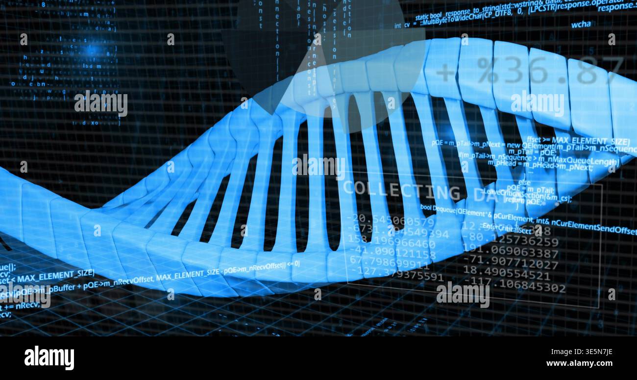 Displaying 3D blue DNA helix glowing and streaming code across virtual lab grid, COLLECTING label Stock Photo