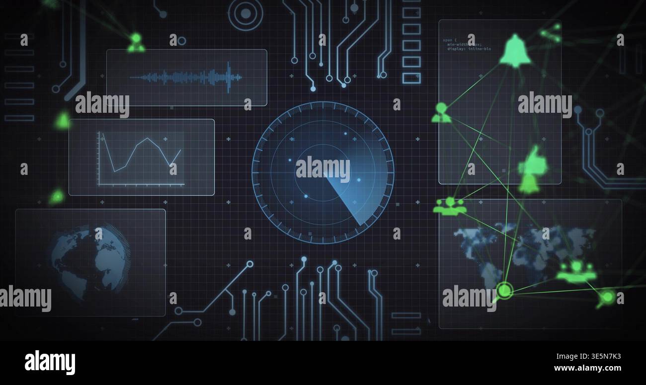 Scanning central radar scanner sweeping on console, showing waveform, line chart, network graph Stock Photo
