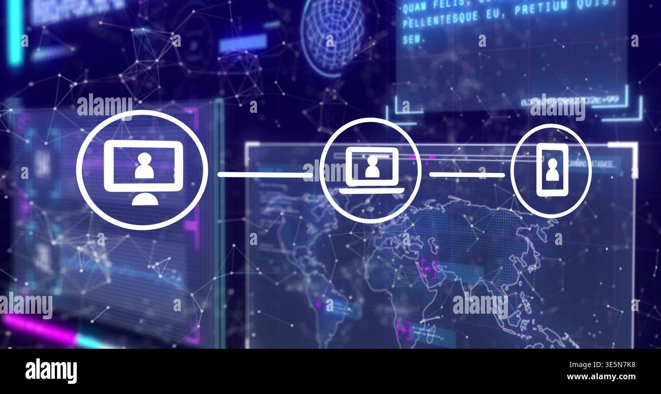 Connecting desktop, laptop, smartphone icons over global map, showing network nodes and holo panels Stock Photo