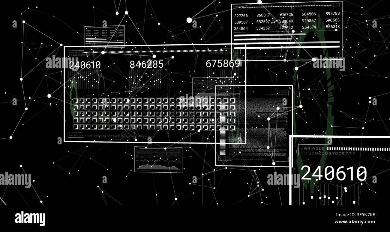 Displaying central HUD panel showing dense grid with numeric readouts in cyberspace, with nodes Stock Photo