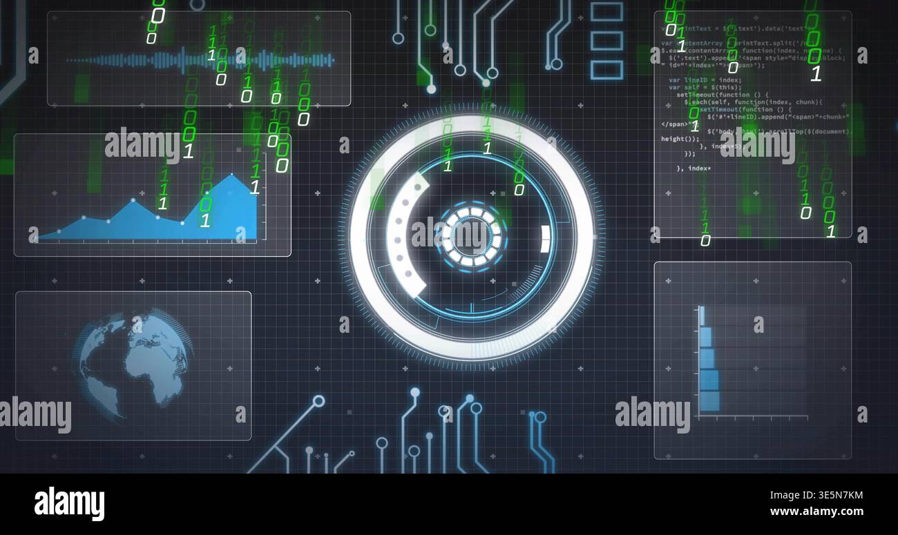 Displaying concentric HUD element pulsing at center of control console, with falling binary digits Stock Photo