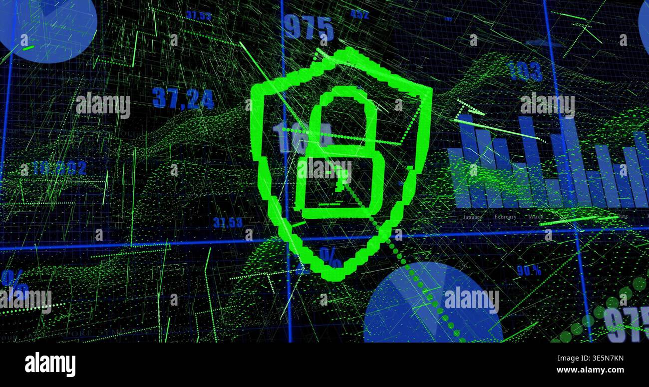 Glowing neon green shield with padlock icon centering network dashboard, showing wireframes, data Stock Photo
