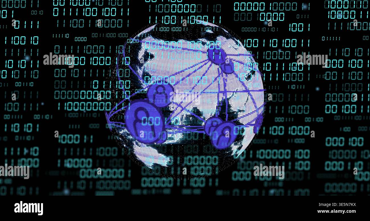 Displaying stylized globe rotating in virtual cyber environment, with node icons and binary streams Stock Photo