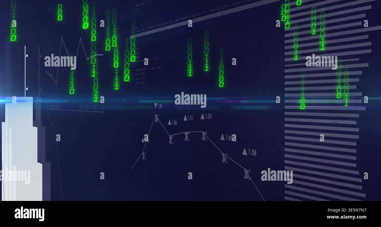 Displaying digital dashboard pulsing on screen, showing green binary streams, jagged line graph Stock Photo