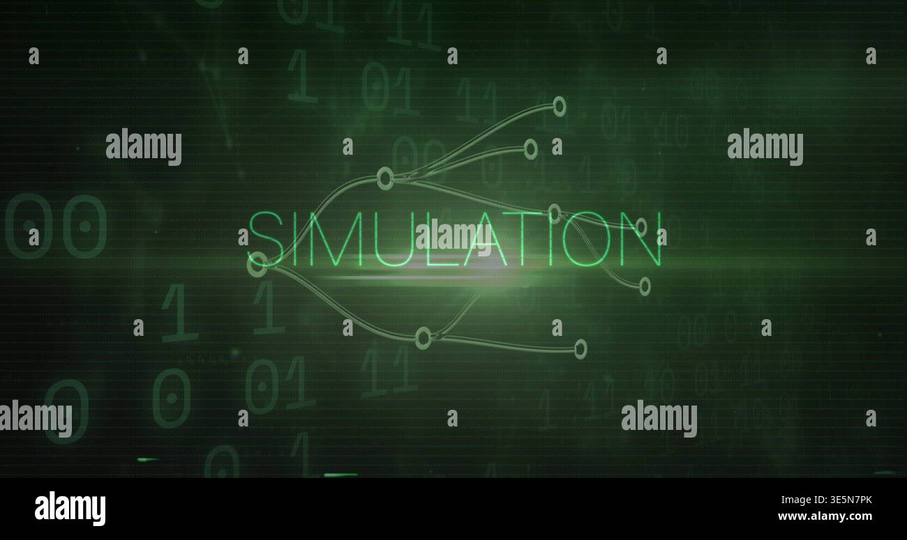 Glowing SIMULATION text and node map emitting neon green light on dark grid showing binary digits Stock Photo