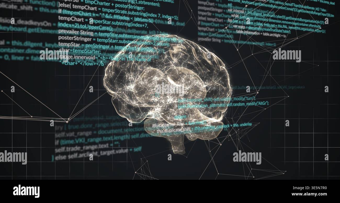 Floating translucent 3D brain hologram pulsing neural pathways and nodes in virtual grid, with code Stock Photo