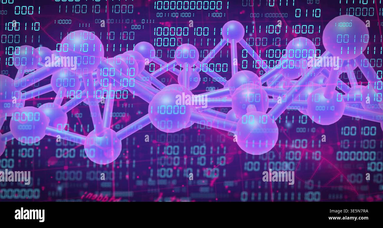 Pulsing glowing node and rod network occupying center in 3D data space, showing binary overlay Stock Photo