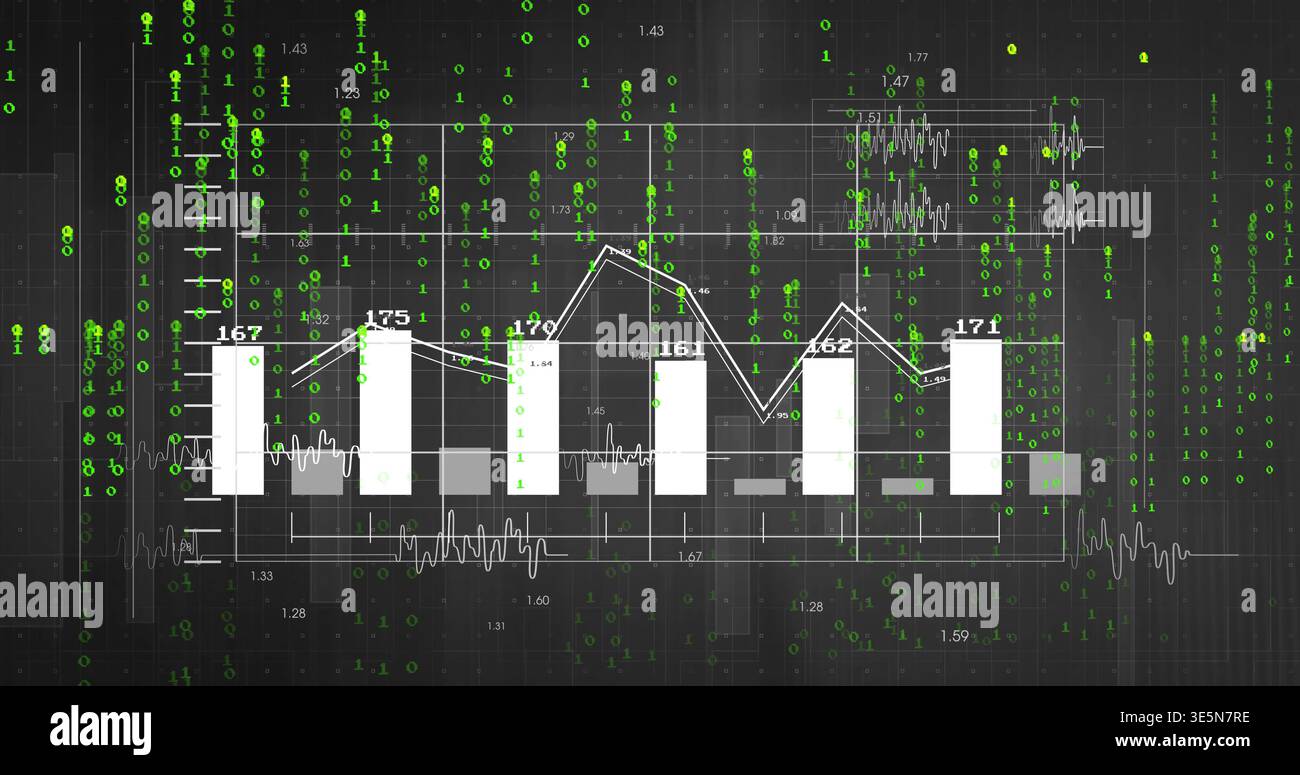 Displaying centered white bar-and-line chart with numeric labels and cascading green binary digits Stock Photo