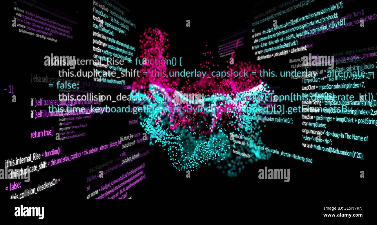 Glowing central particle cloud swirling in virtual 3D data space, with overlaid code text panels Stock Photo