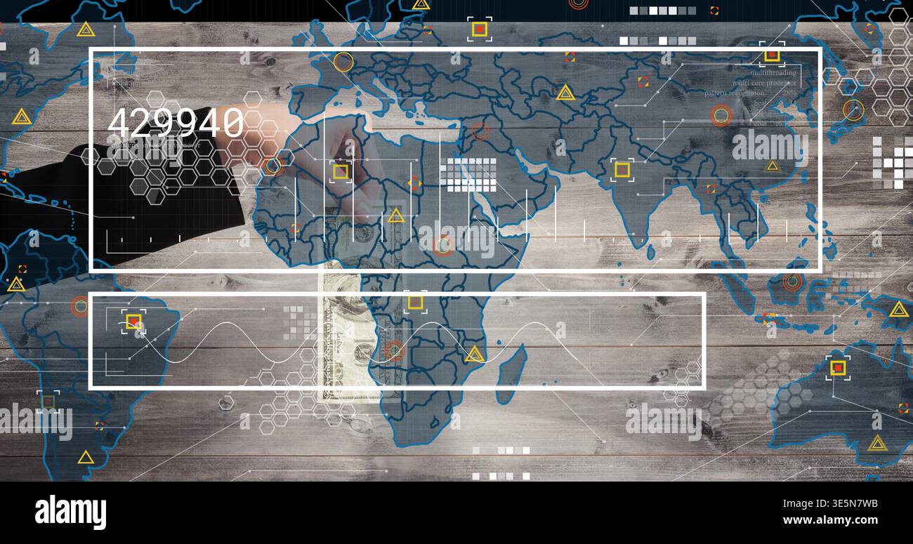 Displaying world map on wooden plank, showing two data frames, hex grids, numeric 429940, banknote Stock Photo