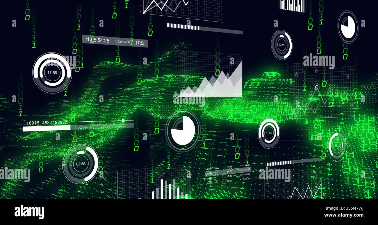 Streaming green binary waveform flowing across virtual data HUD, showing gauges, charts, stats Stock Photo
