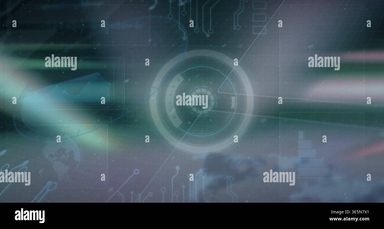Rotating central circular HUD projecting soft glow over cloud-like backdrop, with circuit traces Stock Photo