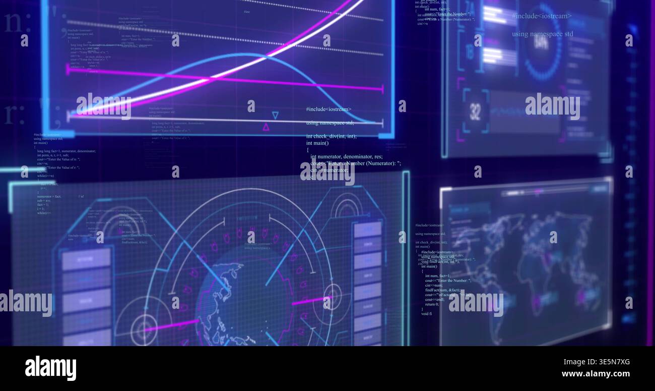Displaying layered HUD panels filling control screen, showing two-line chart, radar globe, heatmap Stock Photo