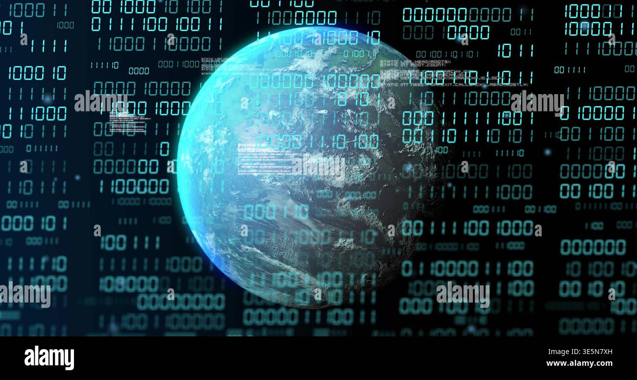 Rotating digital Earth globe hovering in dark void, streaming binary digits and HUD panels Stock Photo