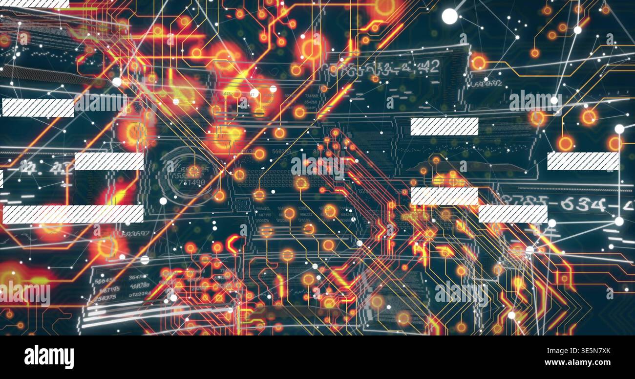 Displaying circuit schematic centered in frame, with copper traces, glowing nodes, microchip Stock Photo