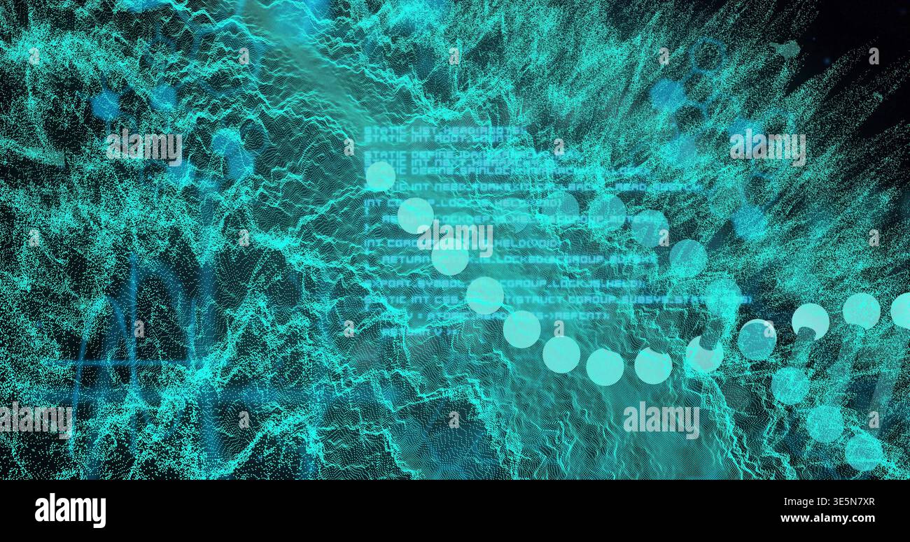 Displaying turquoise point-cloud wave moving in digital network, with wireframe mesh and code Stock Photo