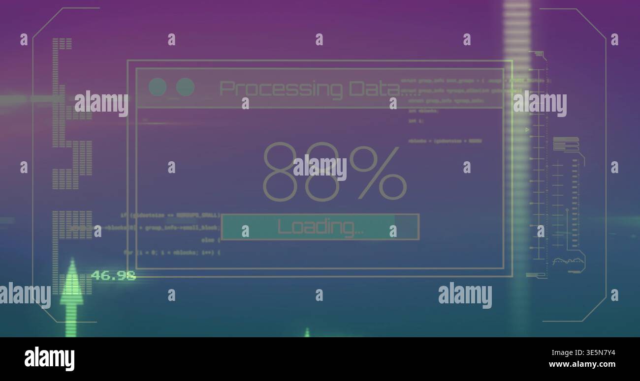 Displaying HUD panel showing Processing Data and 88% on purple-teal backdrop, Loading bar, code Stock Photo
