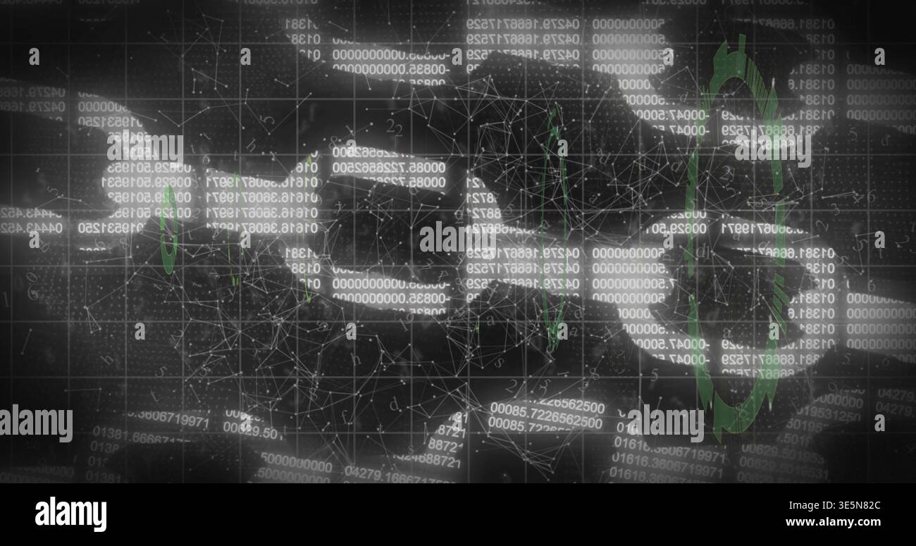 Displaying interlocking chain link graphic over dark tech dashboard, showing code panels and nodes Stock Photo