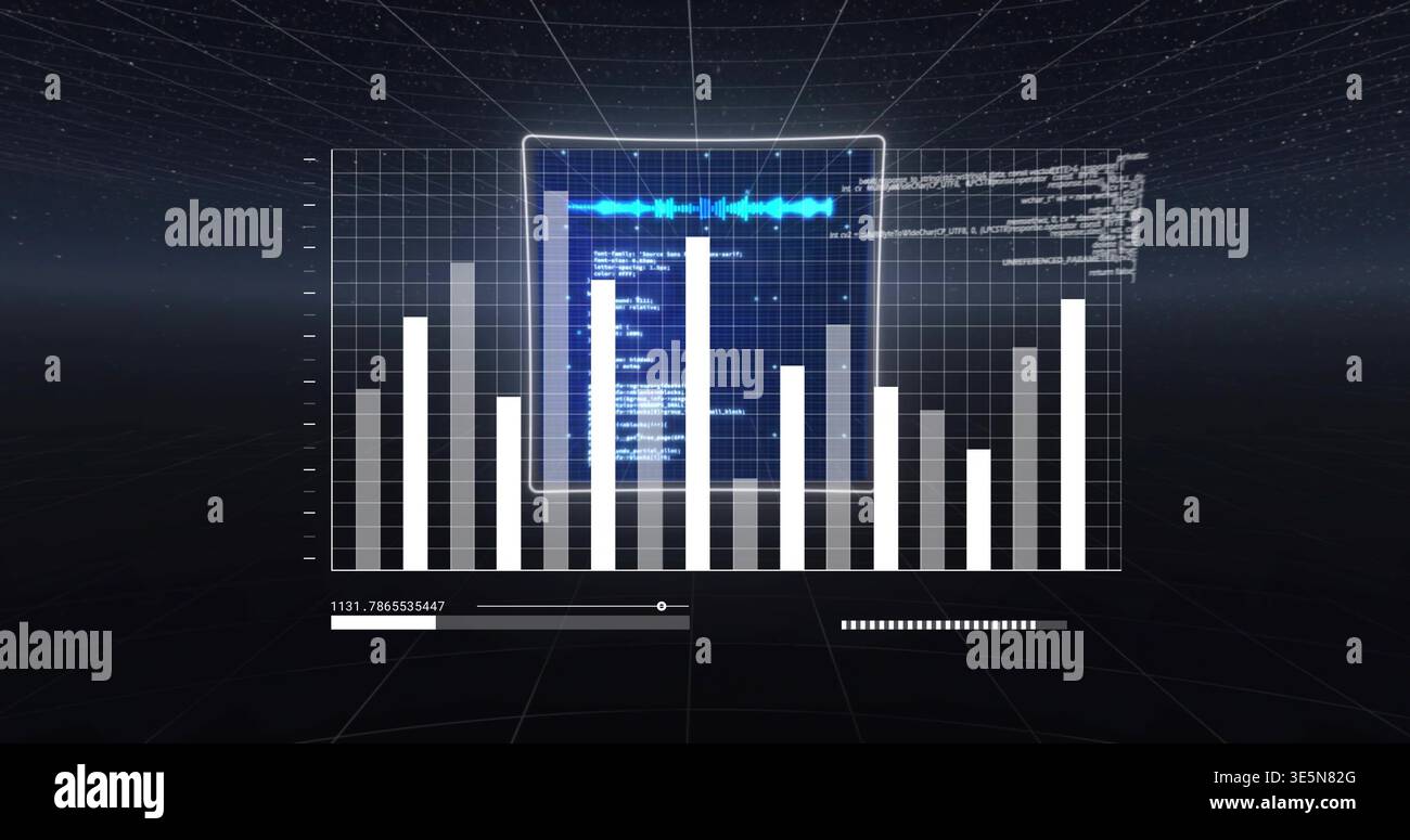 Displaying translucent vertical bar chart and waveform panel in 3D grid, slider and numeric readout Stock Photo