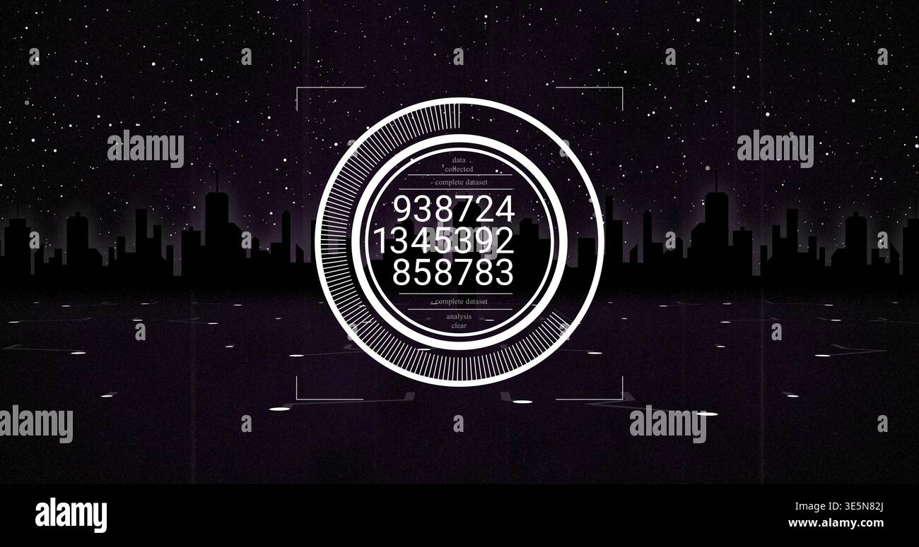 Hovering white HUD projecting numeric readouts over reflective plane under starry sky, skyline Stock Photo
