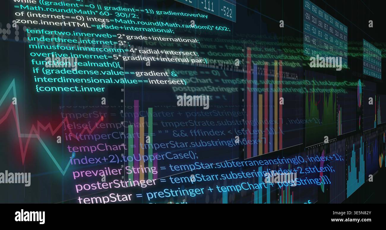 Displaying translucent source code and charts scrolling across digital dashboard, with candlesticks Stock Photo