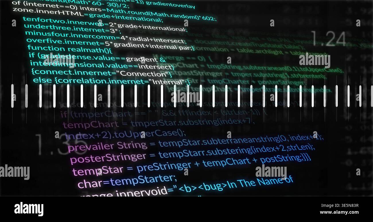 Displaying centered source code with equalizer bars on dark digital display, showing 1 Stock Photo