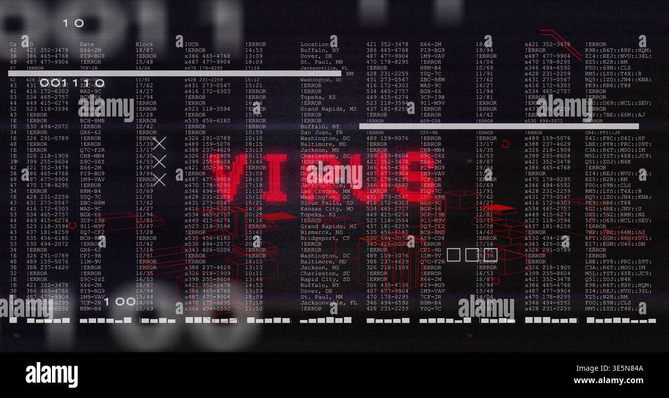Displaying central red label with schematic lines on digital console columns, showing ERROR tokens Stock Photo