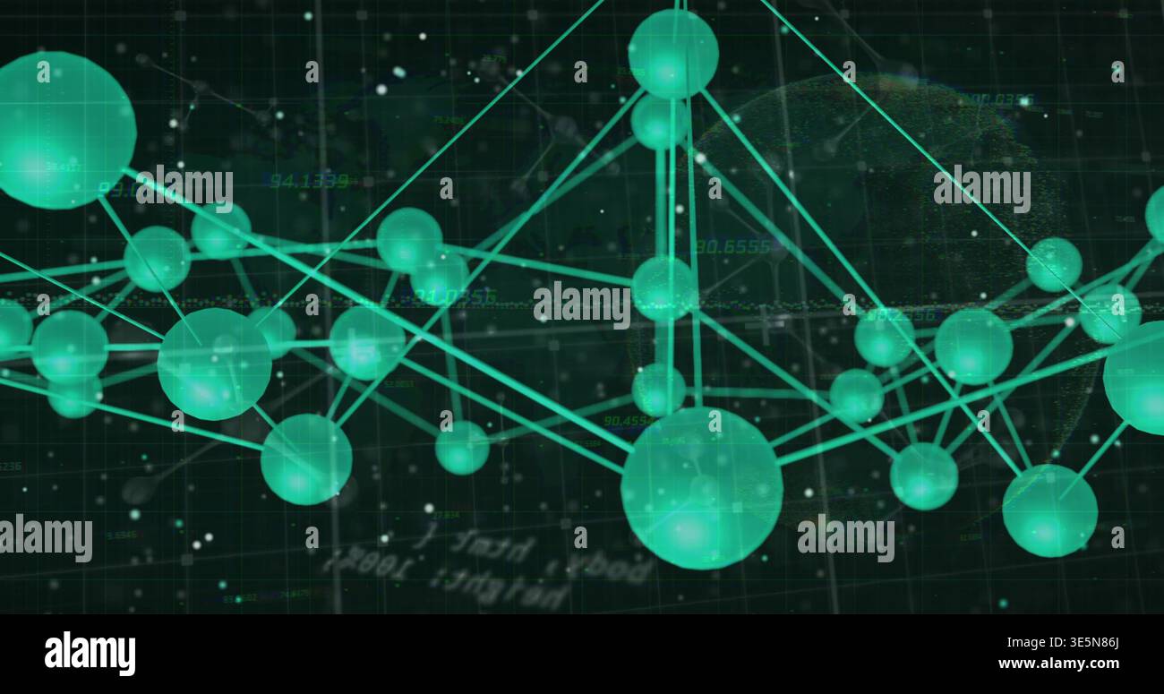 Displaying teal spheres linking via triangular glowing edges in virtual grid, showing data overlays Stock Photo
