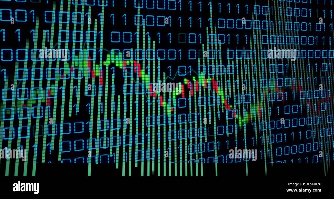 Rendering data display centered on screen, showing blue binary digits, green bars, red green line Stock Photo