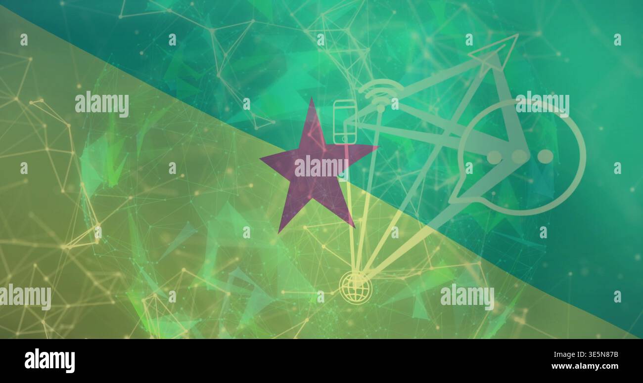 Floating purple five-point star hovering in split digital background, showing bicycle schematic hub Stock Photo