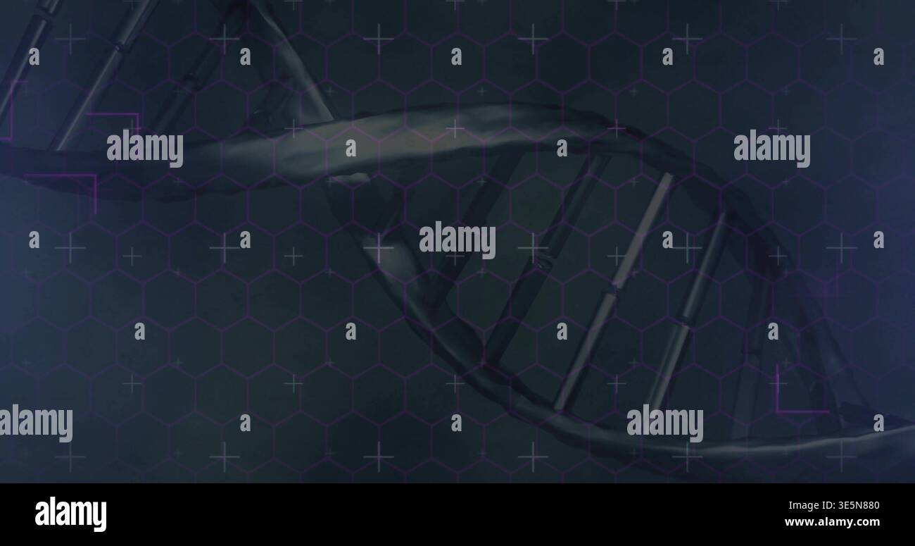 Displaying translucent DNA double helix running diagonally in tech interface, with hex grid Stock Photo