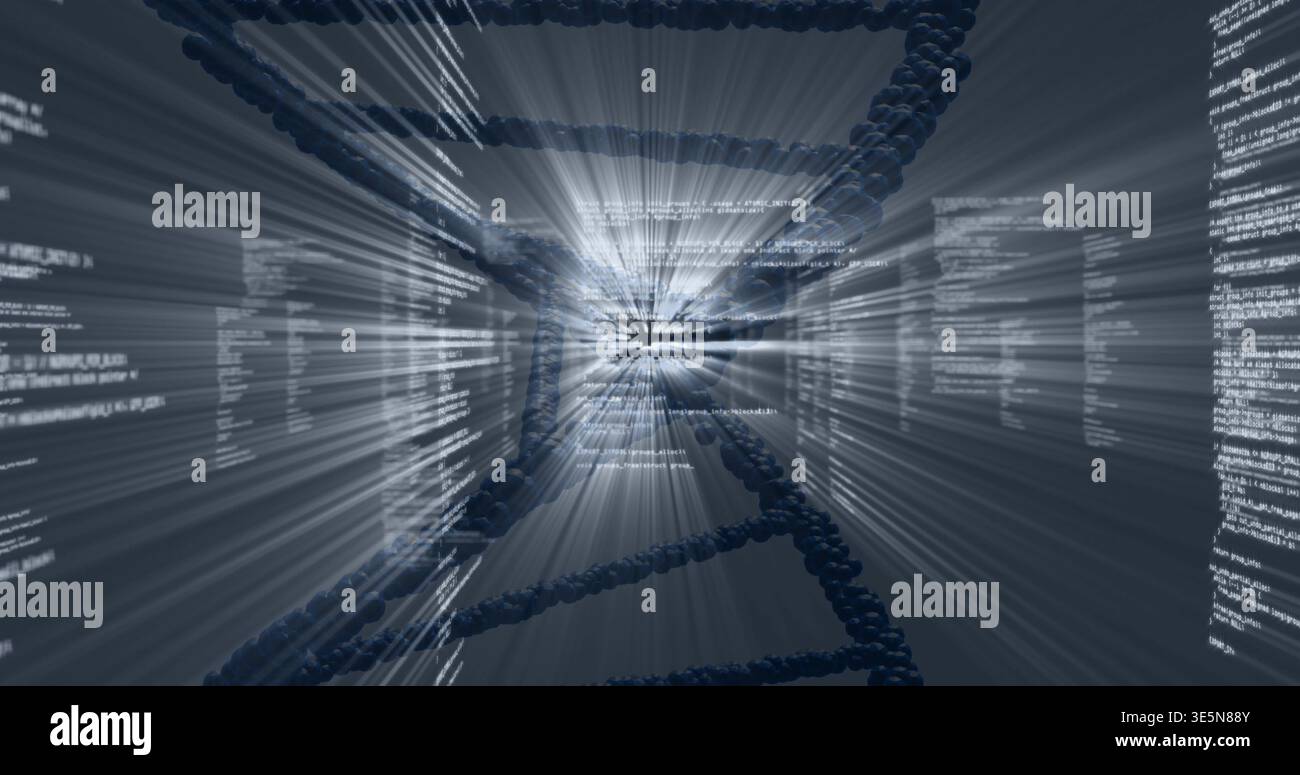 Spiraling stylized DNA helix moving through virtual data tunnel, showing floating code columns Stock Photo