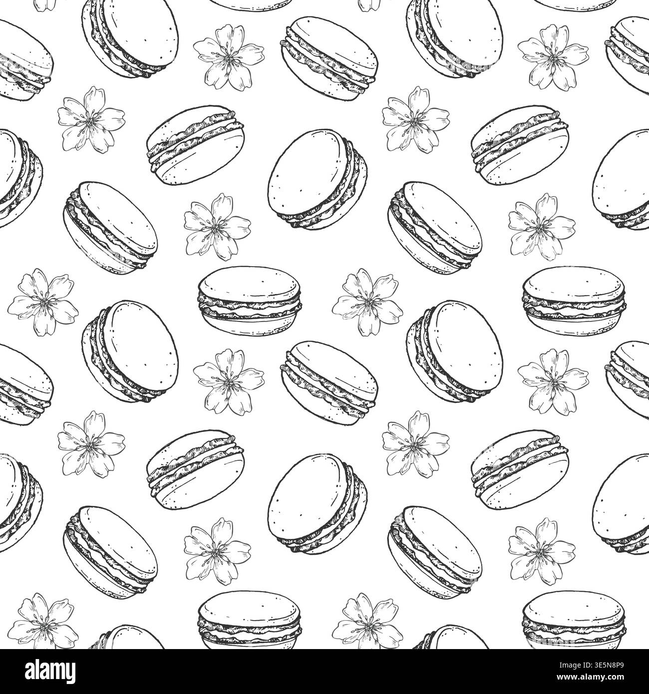 Seamless pattern with macarons, almond flowers. Hand drawn vector background. Stock Vector