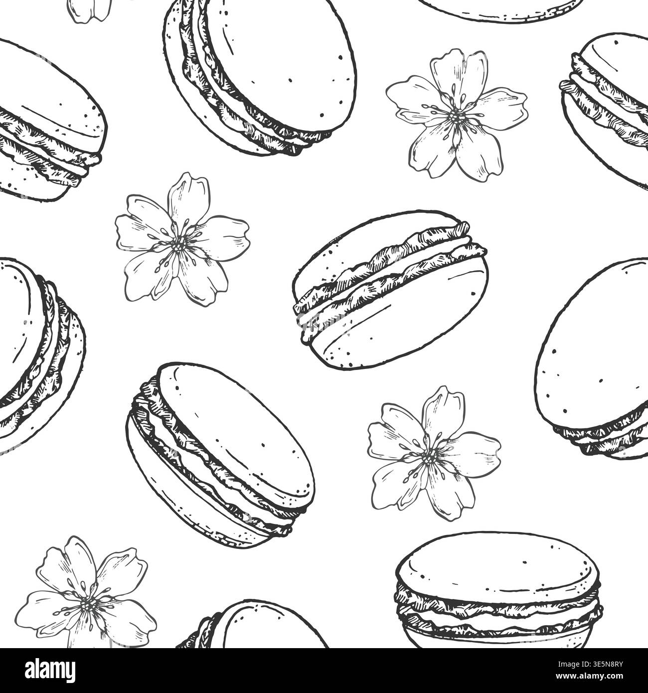 Seamless pattern with macarons, almond flowers. Hand drawn vector background. Stock Vector