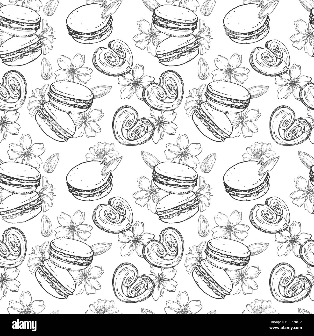 Seamless pattern with macarons, almond flowers. Hand drawn vector background. Stock Vector