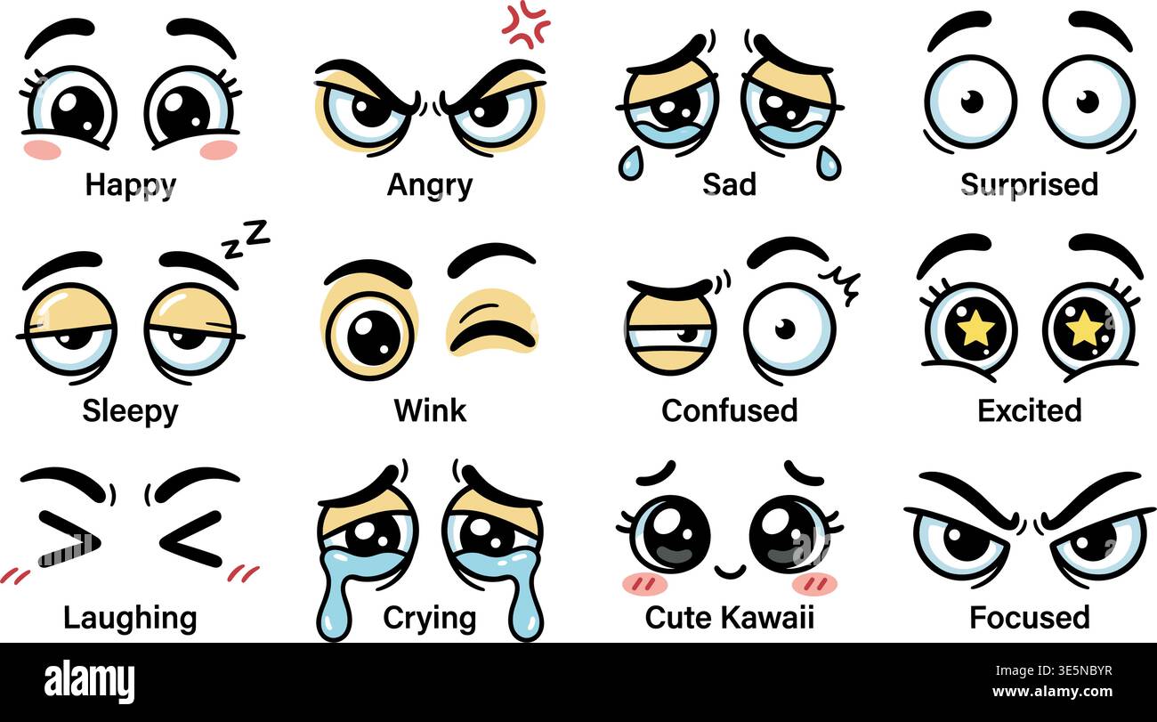 Cartoon Faces Expressions Set – Funny Comic Emotions Vector Characters Stock Vector