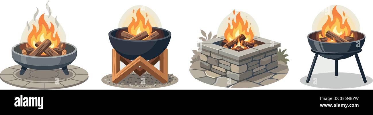 Fire Pit Icons Set – Outdoor Fireplace Flat Vector Collection Stock Vector