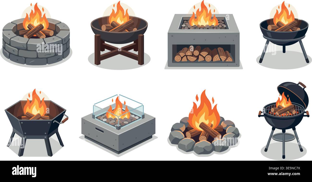 Fire Pit Icons Set – Outdoor Fireplace Flat Vector Collection Stock Vector