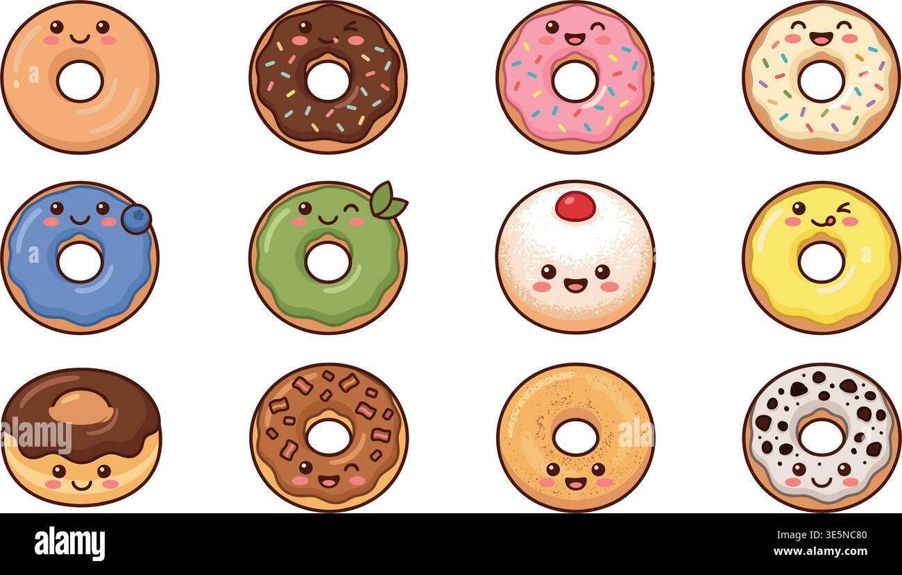 Cute Donuts Characters Set – Funny Cartoon Dessert Vector Collection Stock Vector