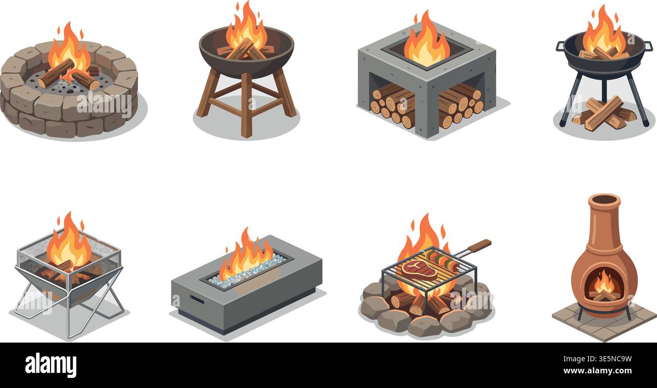 Fire Pit Icons Set – Outdoor Fireplace Flat Vector Collection Stock Vector