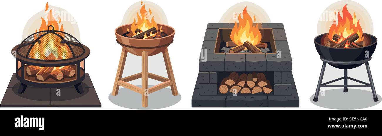 Fire Pit Icons Set – Outdoor Fireplace Flat Vector Collection Stock Vector