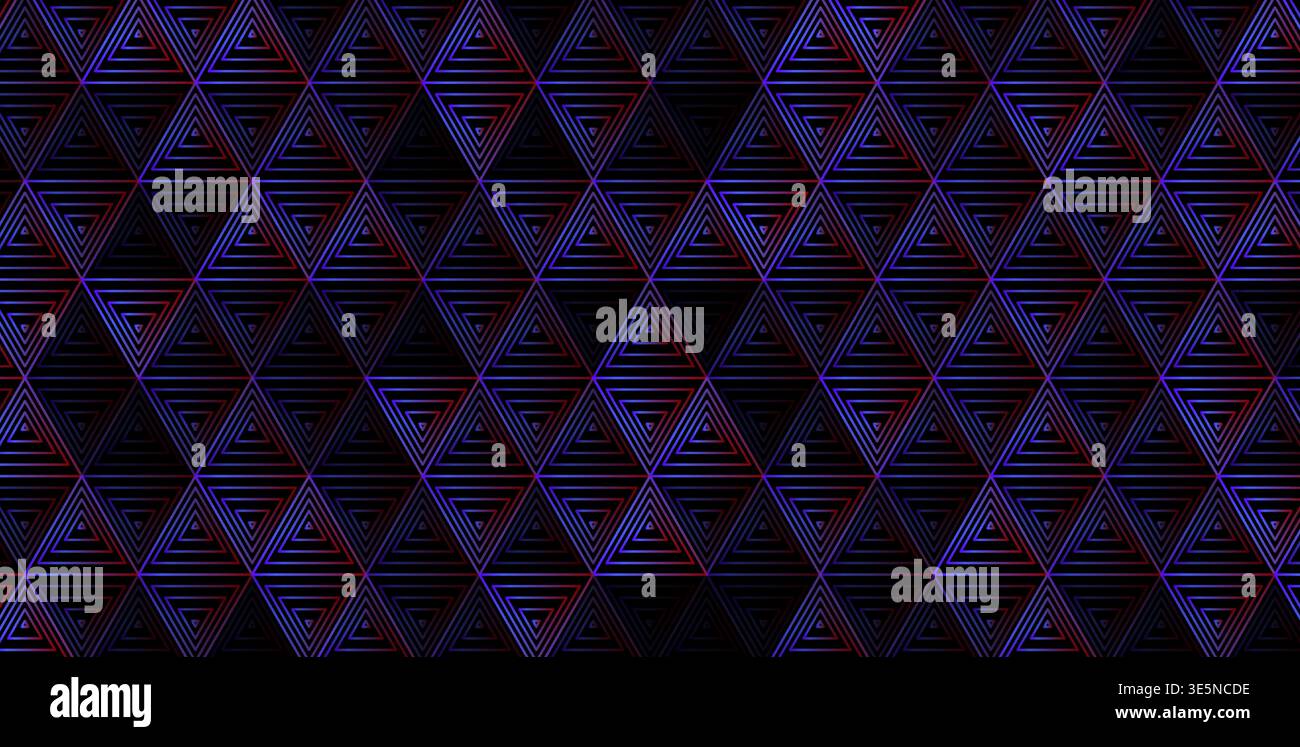 Neon triangle pattern background, dark futuristic tech wallpaper with glowing blue red lines for music, gaming, party visuals. Neon triangle patterns Stock Vector