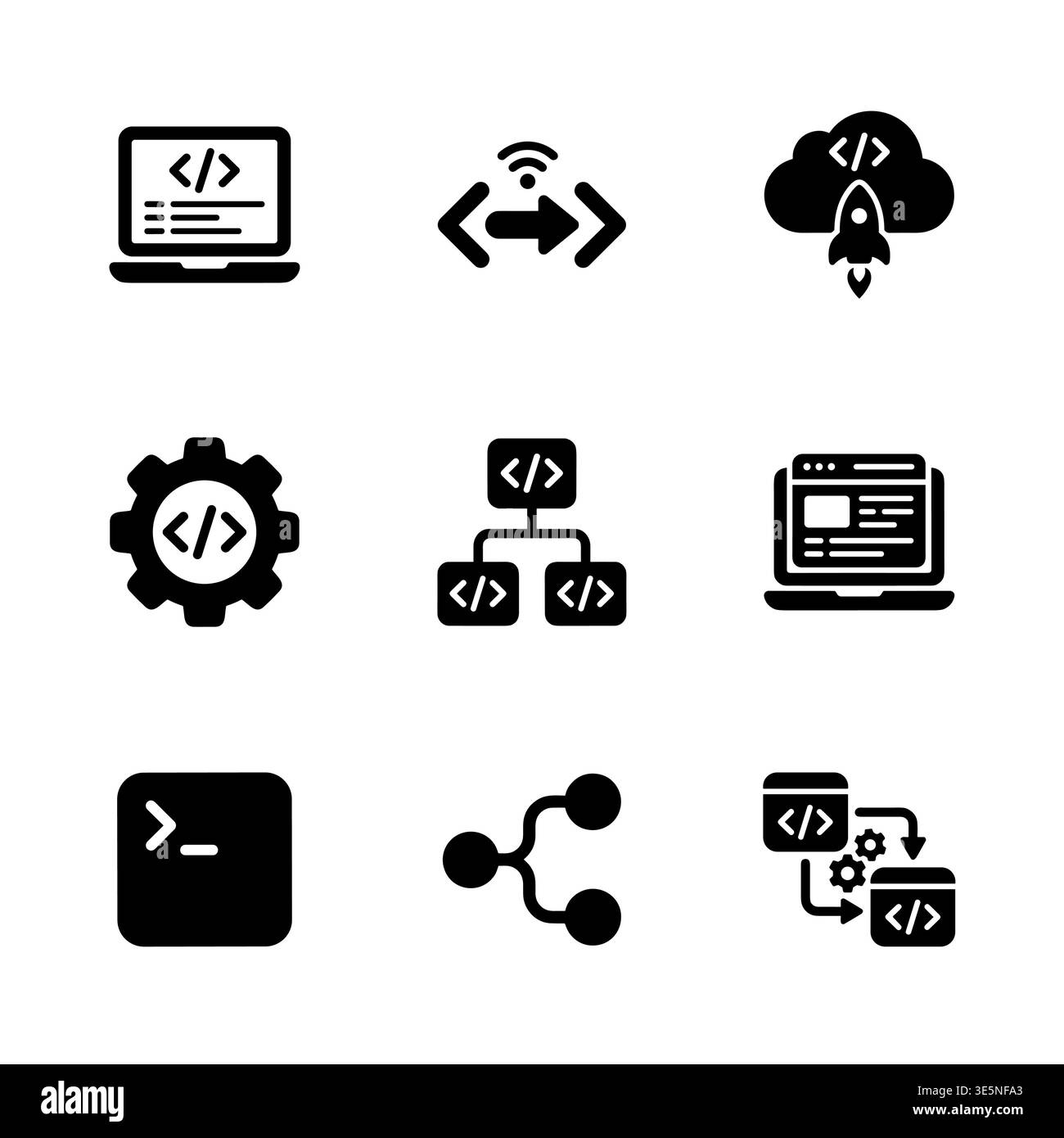 Software Development Icons Set, Programming and Coding Glyph Symbols Stock Vector