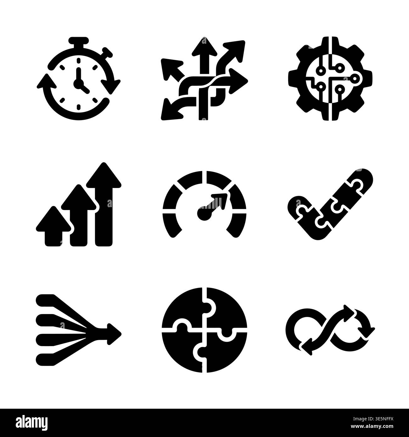 Set of black linear icons related to business processes Stock Vector