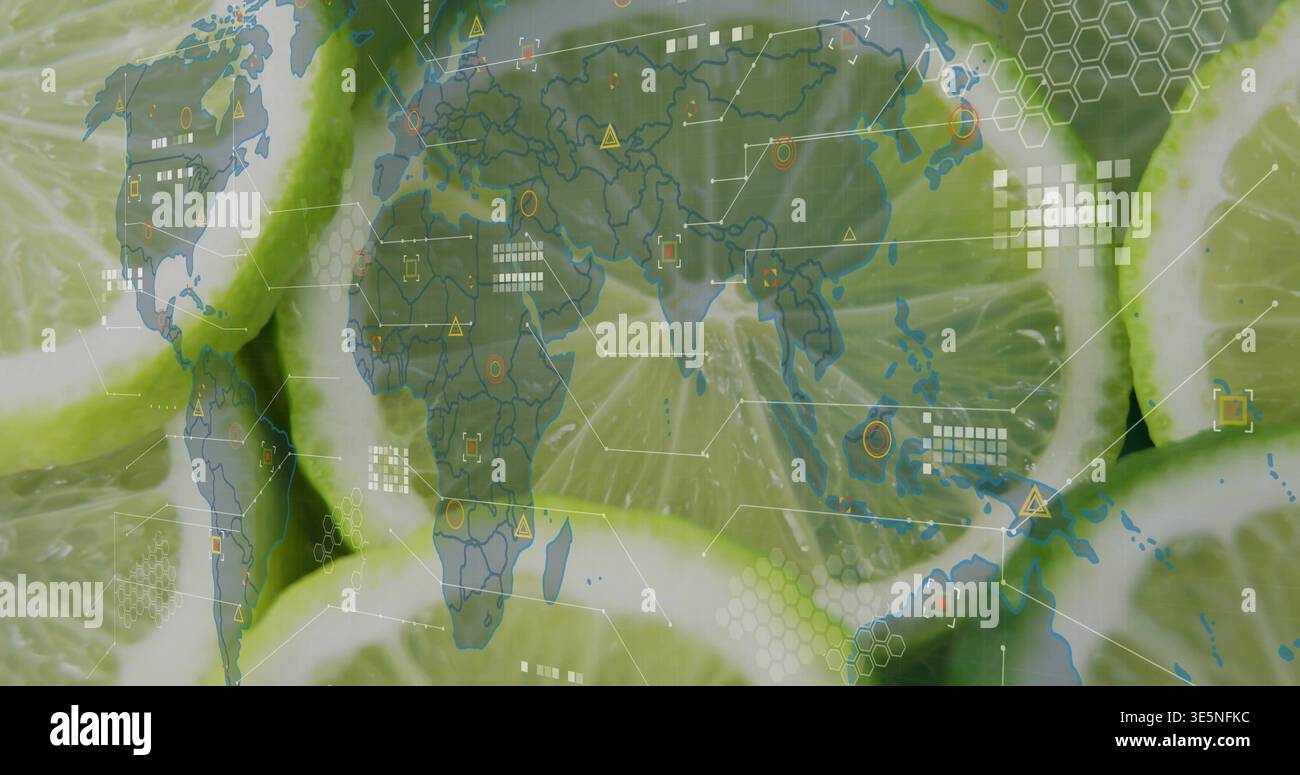 Displaying overlapping lime slices glowing in studio macro, with world map overlay and hex grid Stock Photo