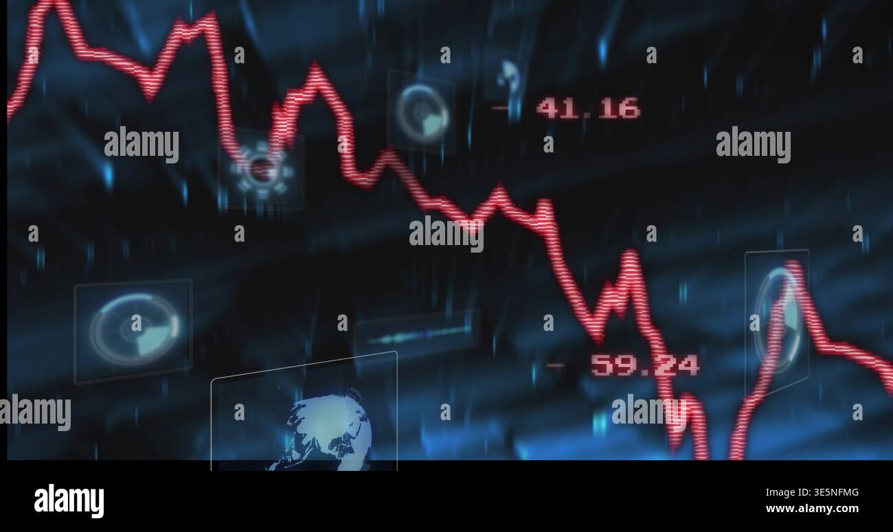 Displaying red jagged falling line chart on digital dashboard, with numeric labels, HUD, globe Stock Photo